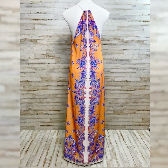 Clover Canyon Halter Scarf Maxi Dress Size S Mustard Gold Blue Sleeveless - Picture 8 of 14